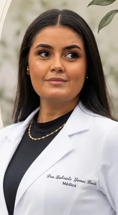 Dra. Gabriela Gomes, médica, de jaleco branco